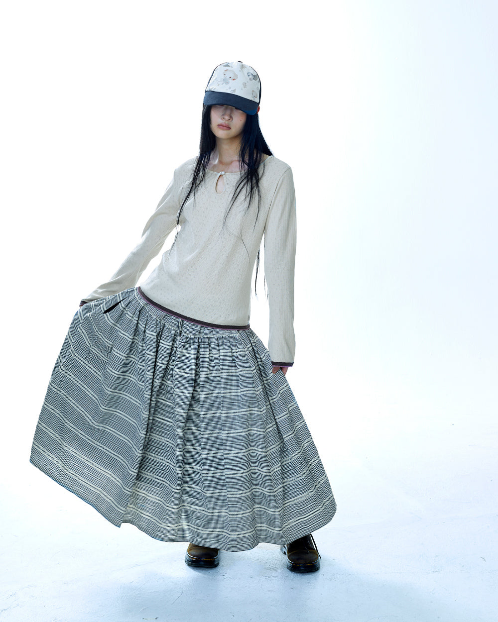 WIDE SHIRRING SKIRT NAVY