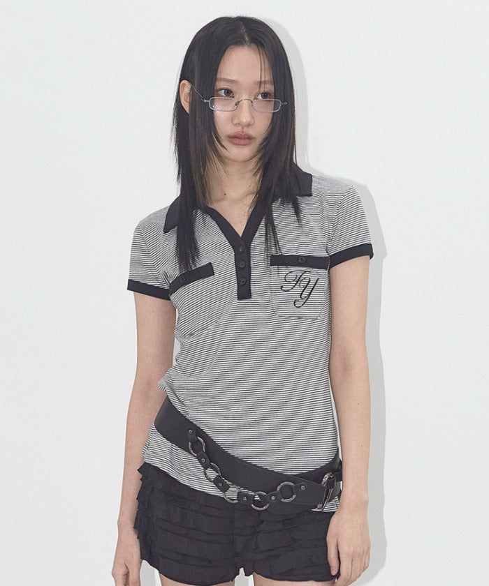 STRIPE BUTTON COLLAR TEE (BLACK)