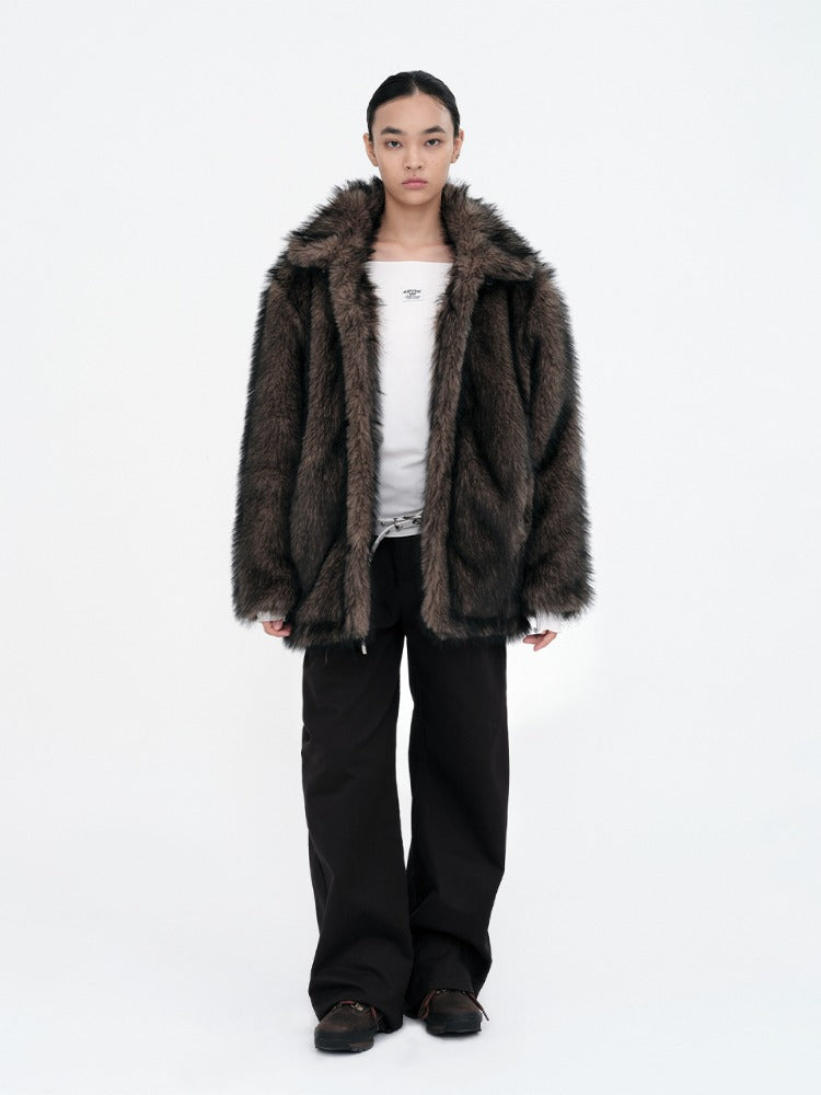 Buckle Long Hair Fur Jacket Brown