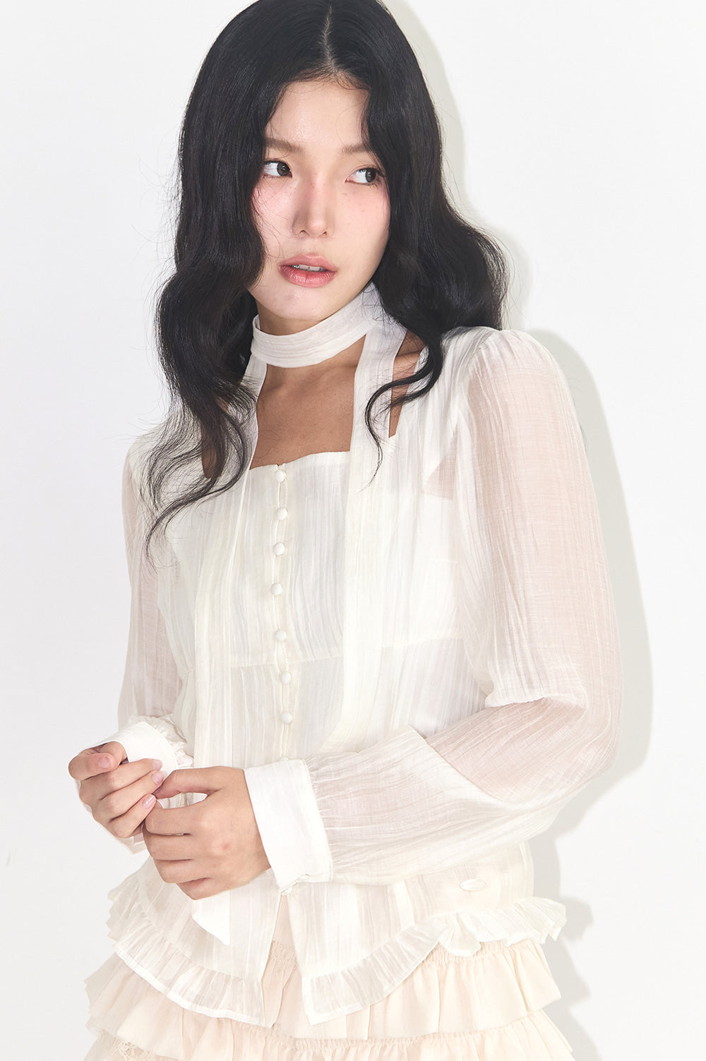 Ribbon Tie Square Neck Long Blouse Cream