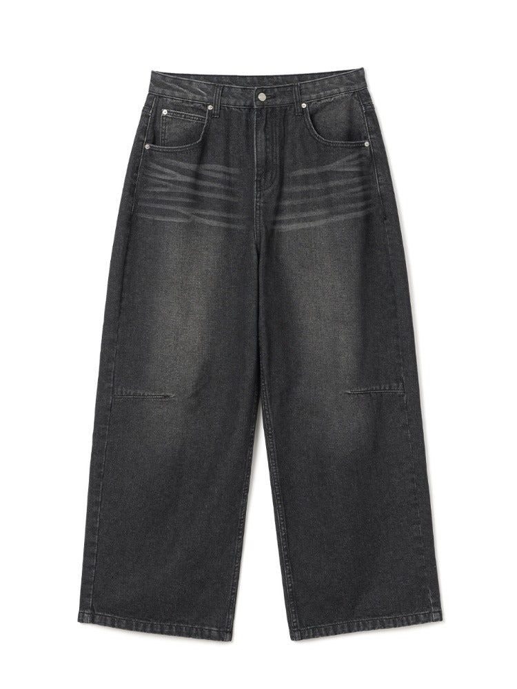 Loose Straight Denim Pants Washed Black