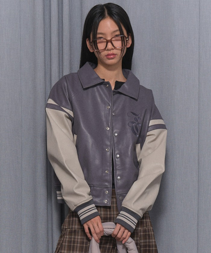 NF MALLOW VARSITY LEATHER JACKET (GRAY)