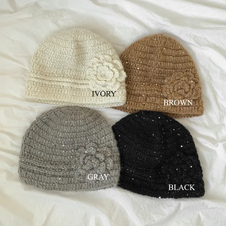 Spangle Flower Knit Beanie
