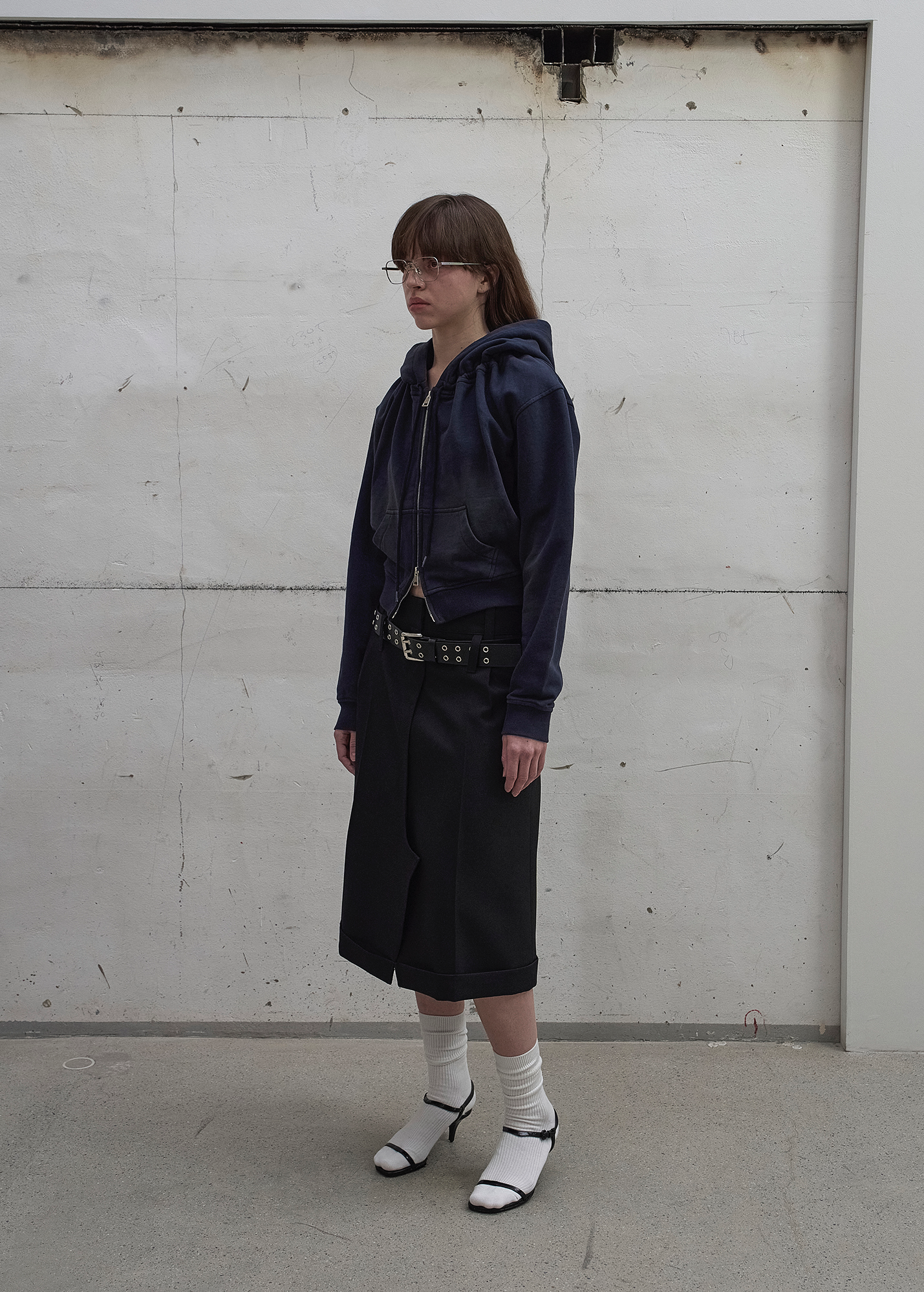 WASHED SHIRRING HOODIE ZIP-UP