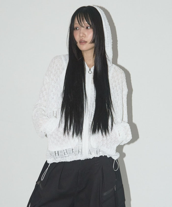 PLUMPY LACE LINE HOOD ZIP-UP (WHITE)