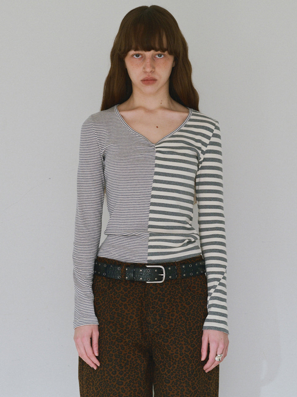 Mixed Pattern T-shirts Stripe Gray