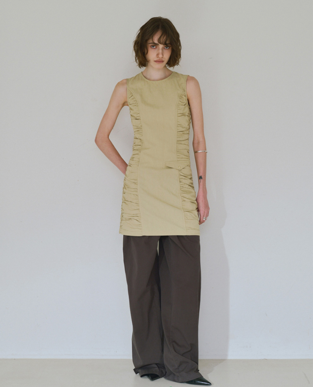 Shirring Zip-Up Mini Dress / 2 COLOR