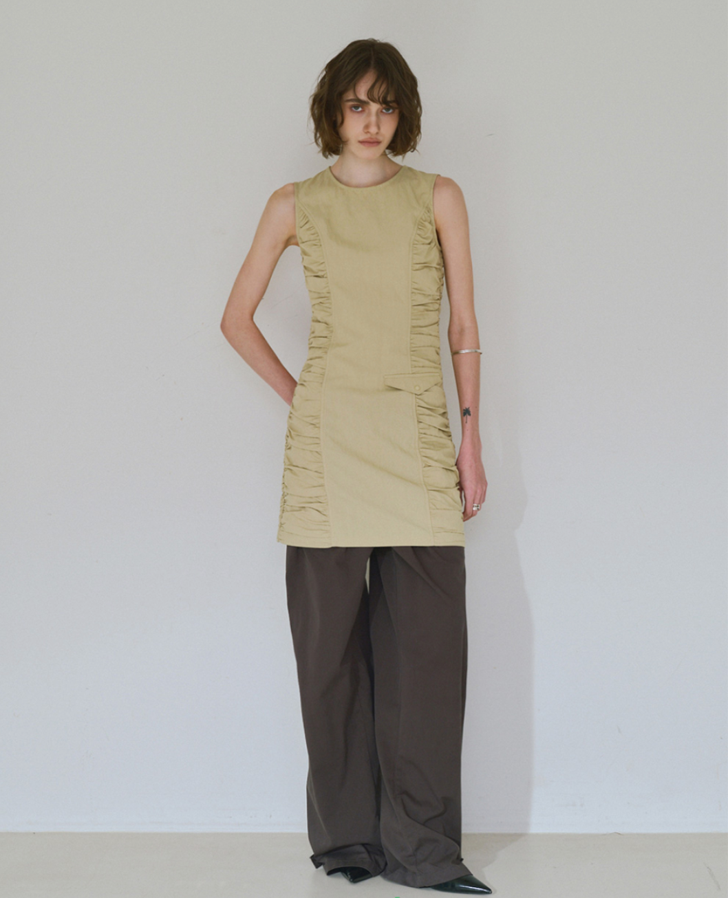 Shirring Zip-Up Mini Dress / 2 COLOR