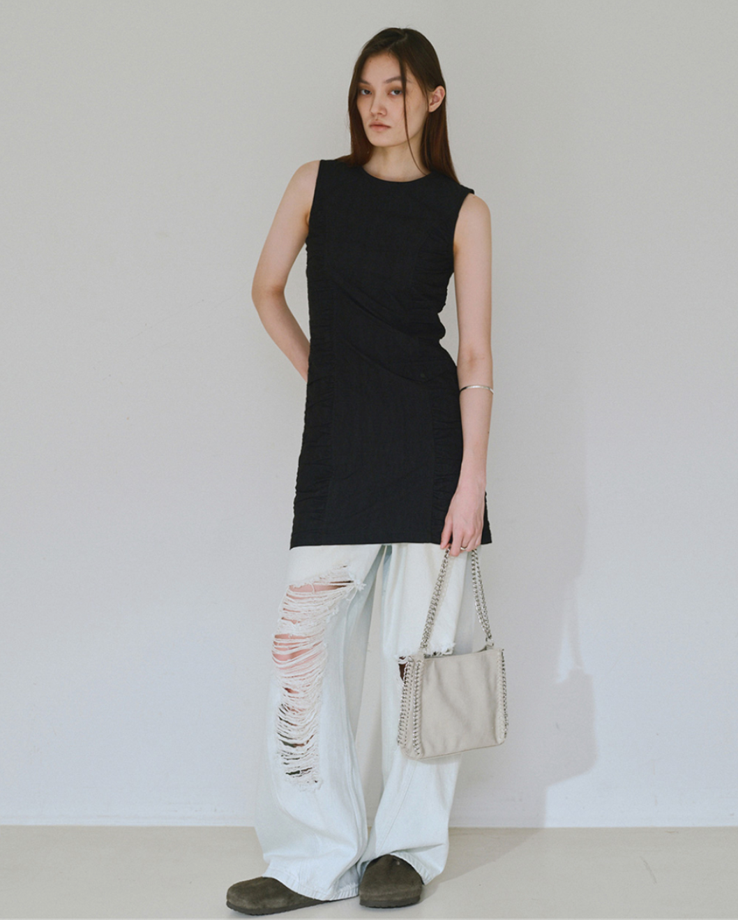 Shirring Zip-Up Mini Dress / 2 COLOR