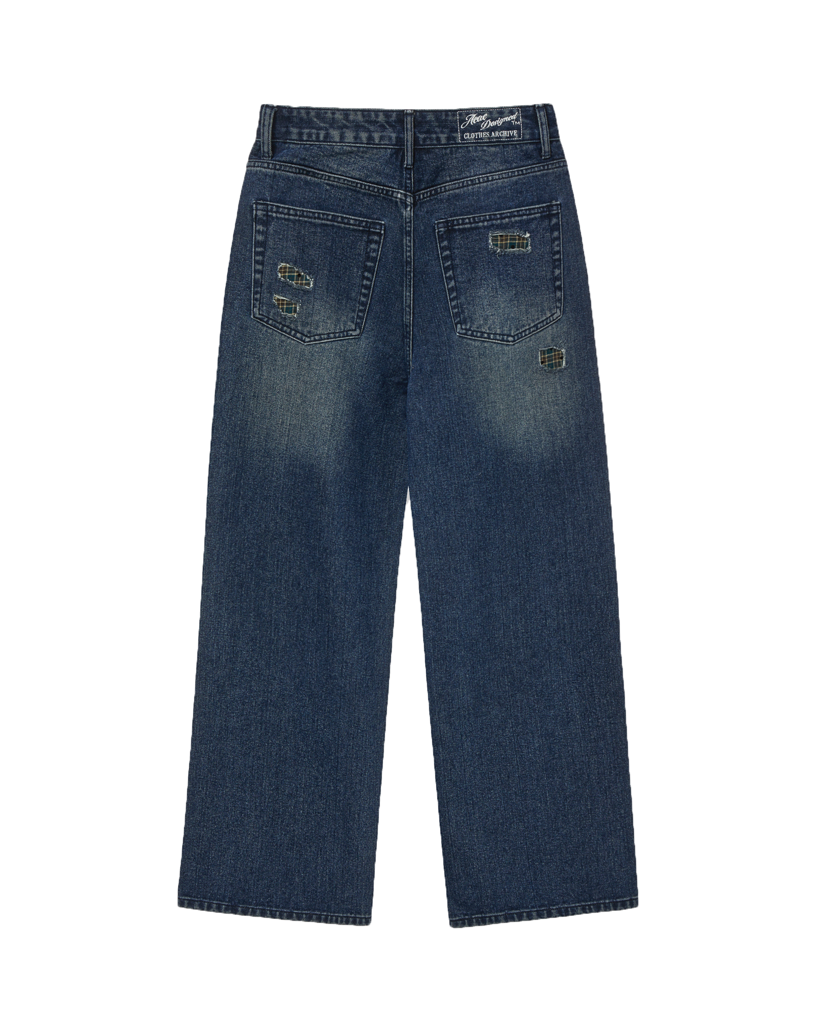 CHECK PATCHWORK DENIM PANTS ASH BLUE