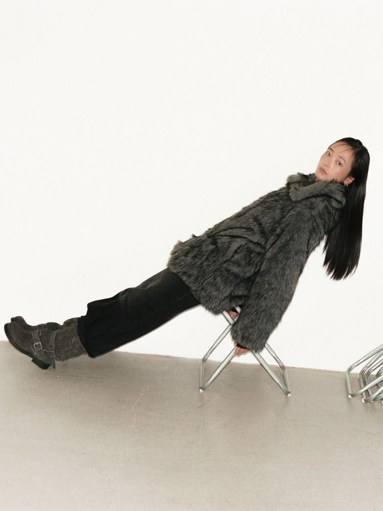 Buckle Long Hair Fur Jacket Charcoal