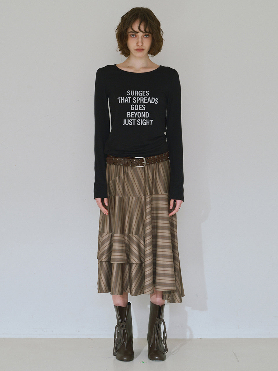 Asymmetric Striped Midi Skirt Khaki Brown