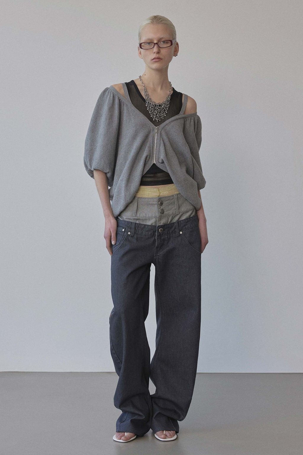 Jacquard Knit Cardigan Melange Gray