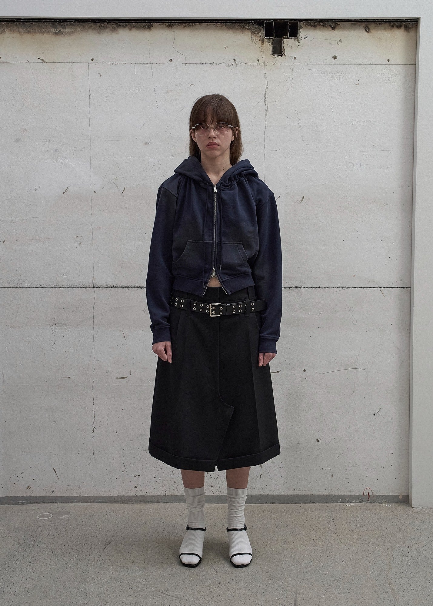 WASHED SHIRRING HOODIE ZIP-UP