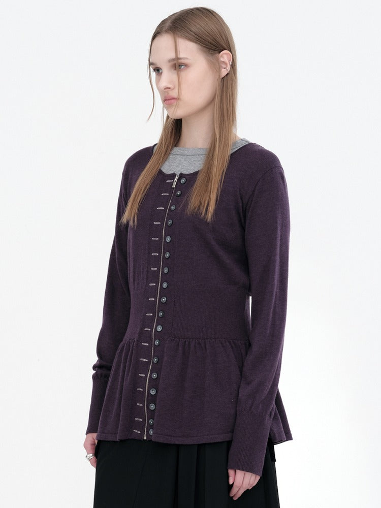 Fake Button Zip-Up Cardigan Purple