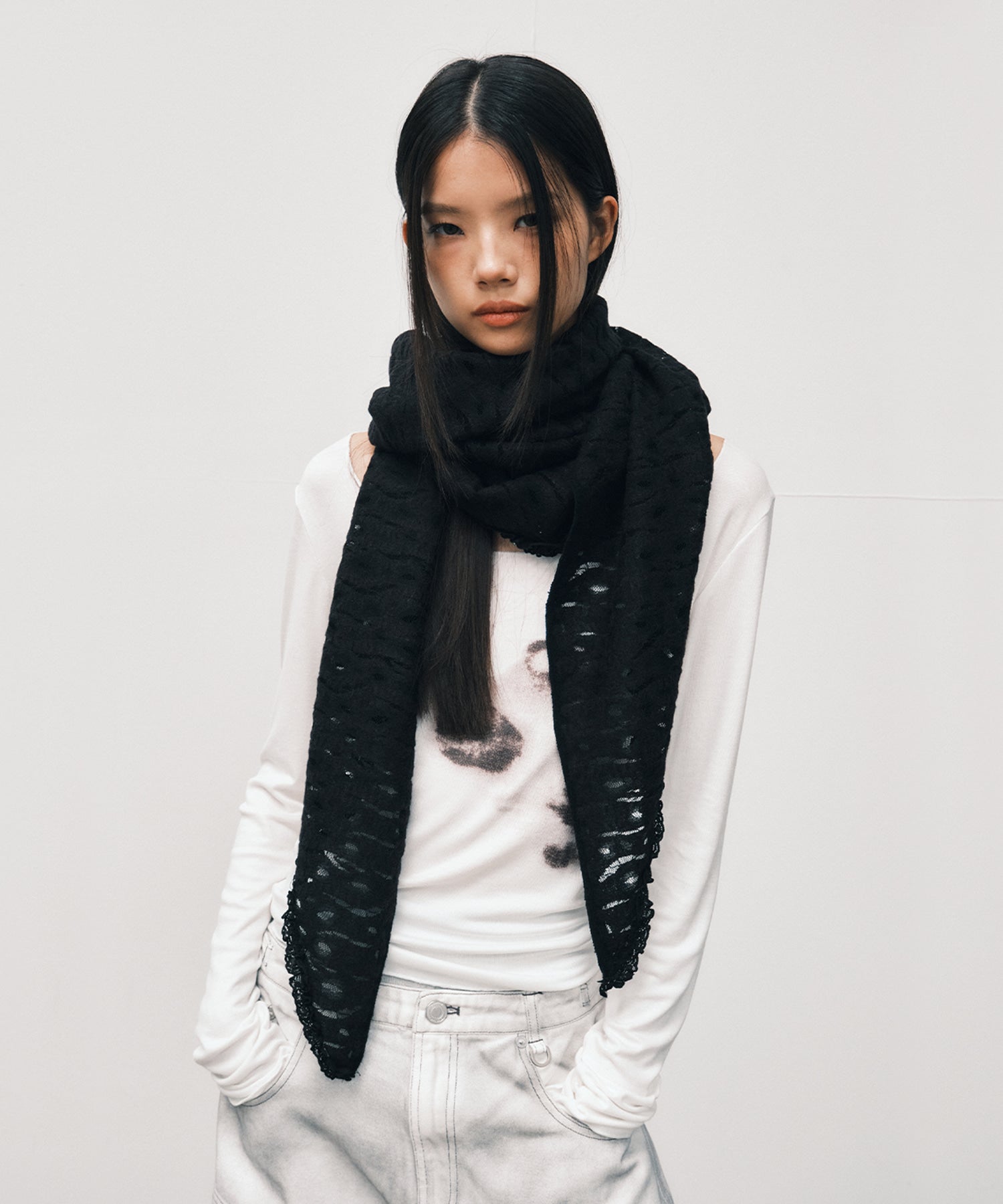 Lace Fleece Shawl Muffler_ Black