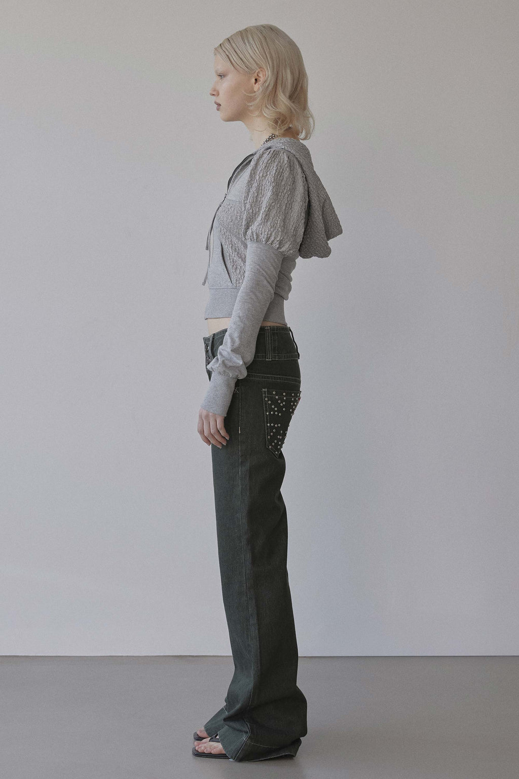 Puff Sleeve Zip-Up Hoodie Melange Gray