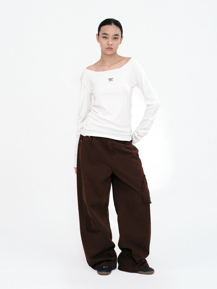 Cut Out Patch Wide Jeans Washed Brown