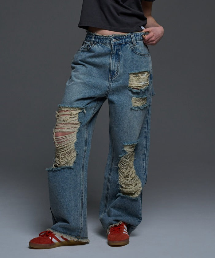 NF DESTROYED WIDE DENIM PANTS (BLUE)