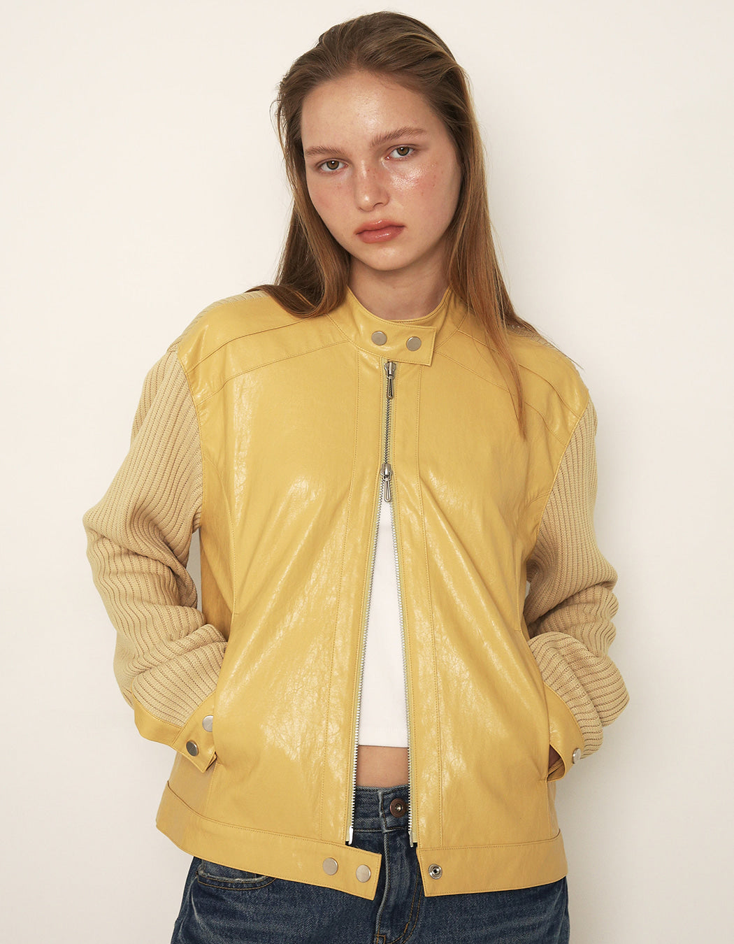 RIBBED PANEL BIKER JACKET / 3 COLOR