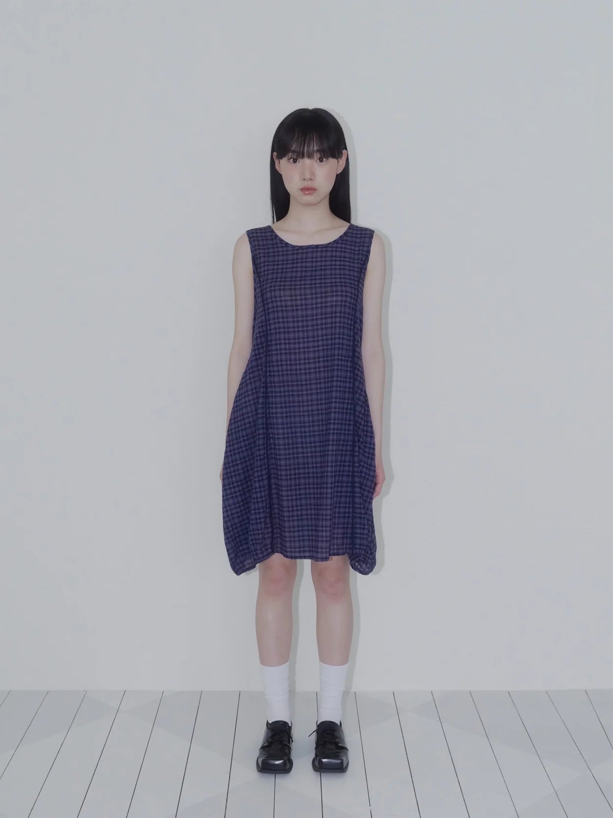 BALLOON CHECK DRESS (NAVY)