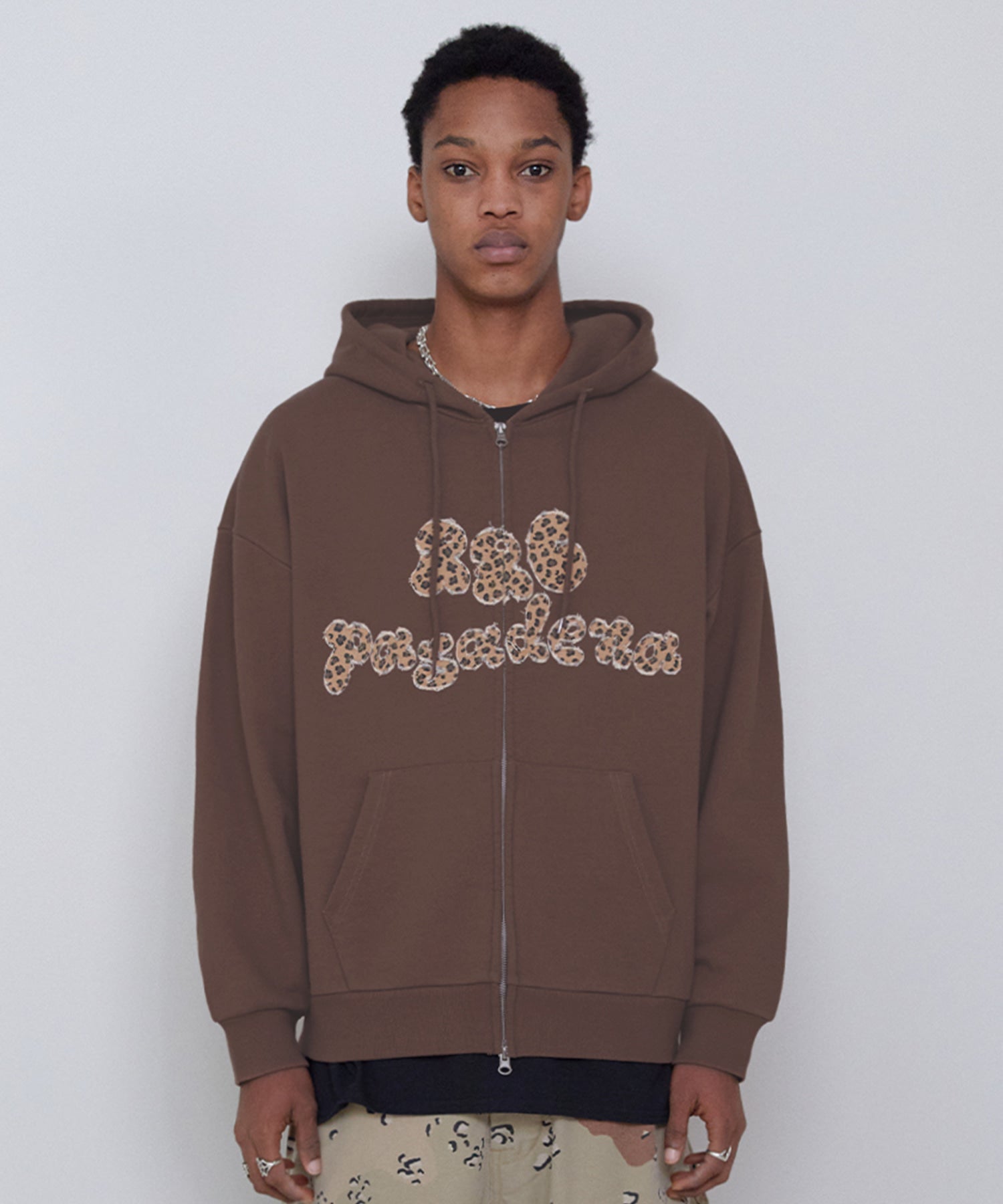 LEOPARD APPLIQUE HOOD ZIP UP MOCHA BROWN