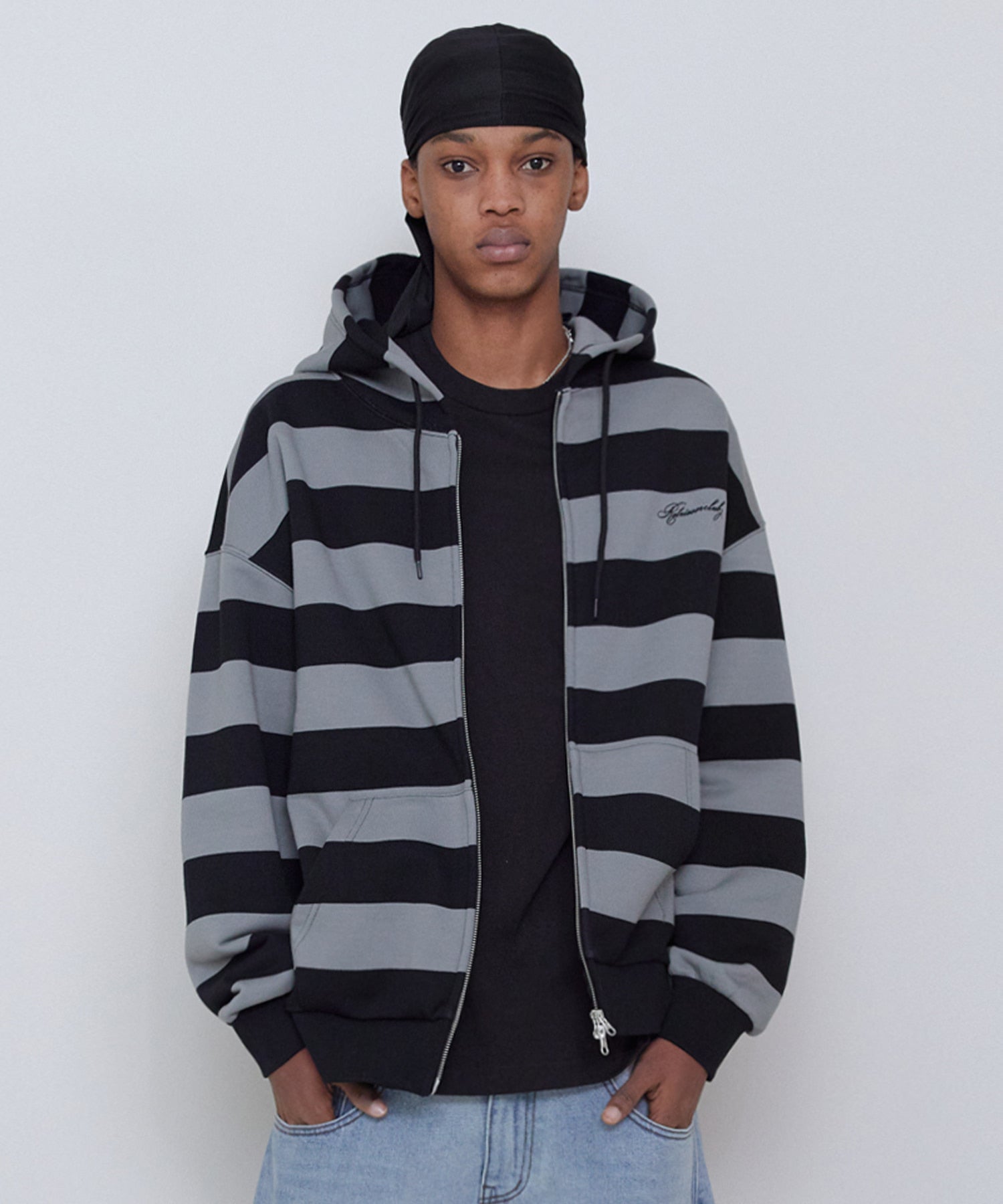 BOLD STRIPE HOOD ZIP UP GRAY