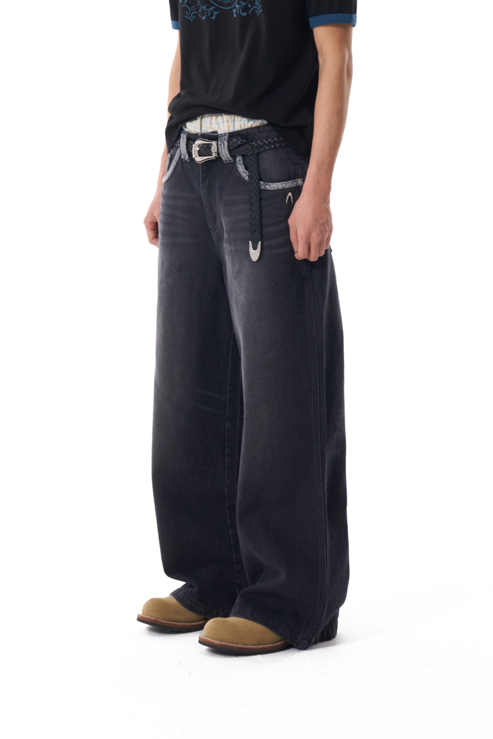Contrast Washed Denim Pants (Black)