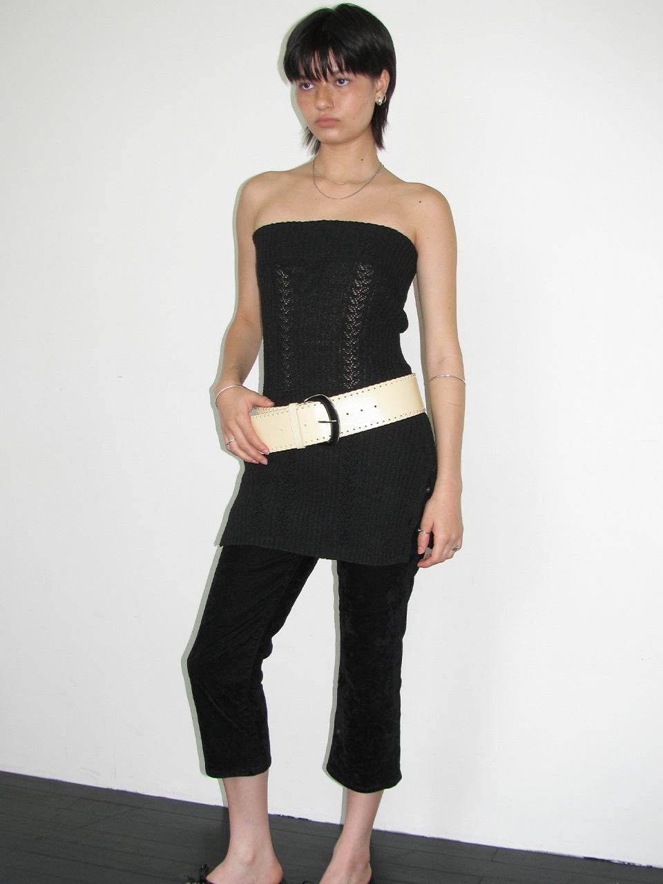 Button Long Knit Top Black