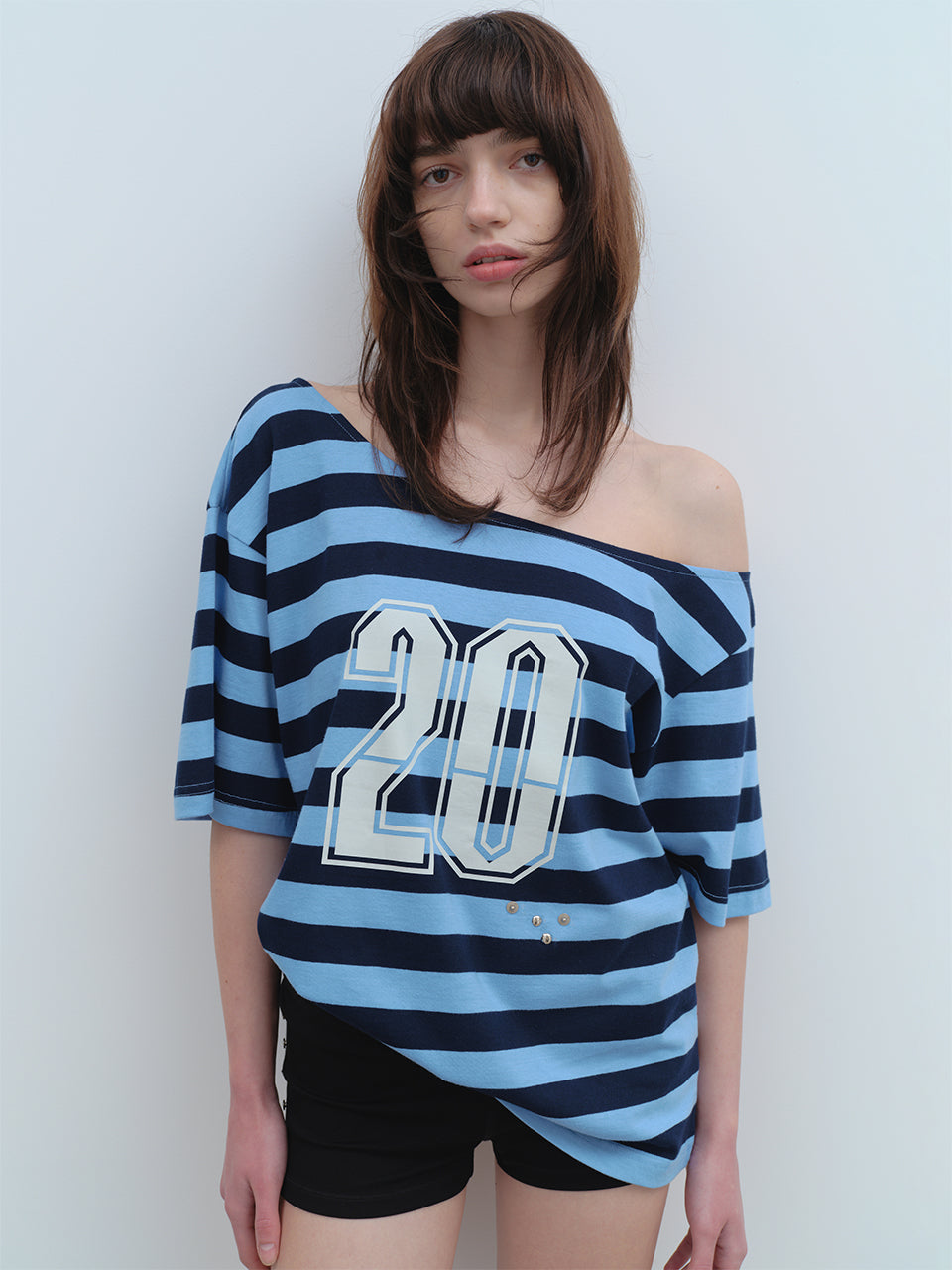 Off-Shoulder Stripe T-Shirts Blue
