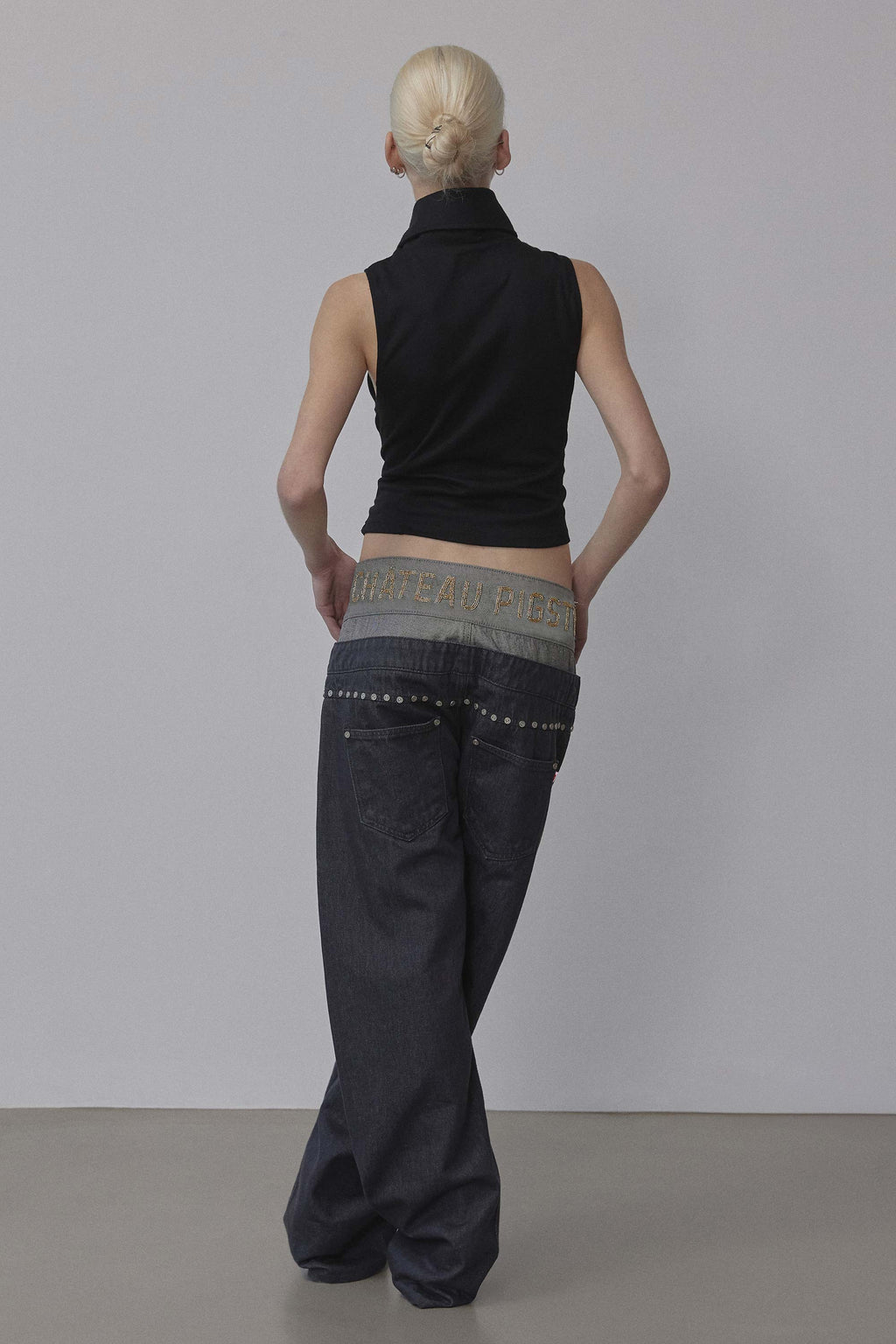Beaded Layered Denim Pants Nonfade Gray