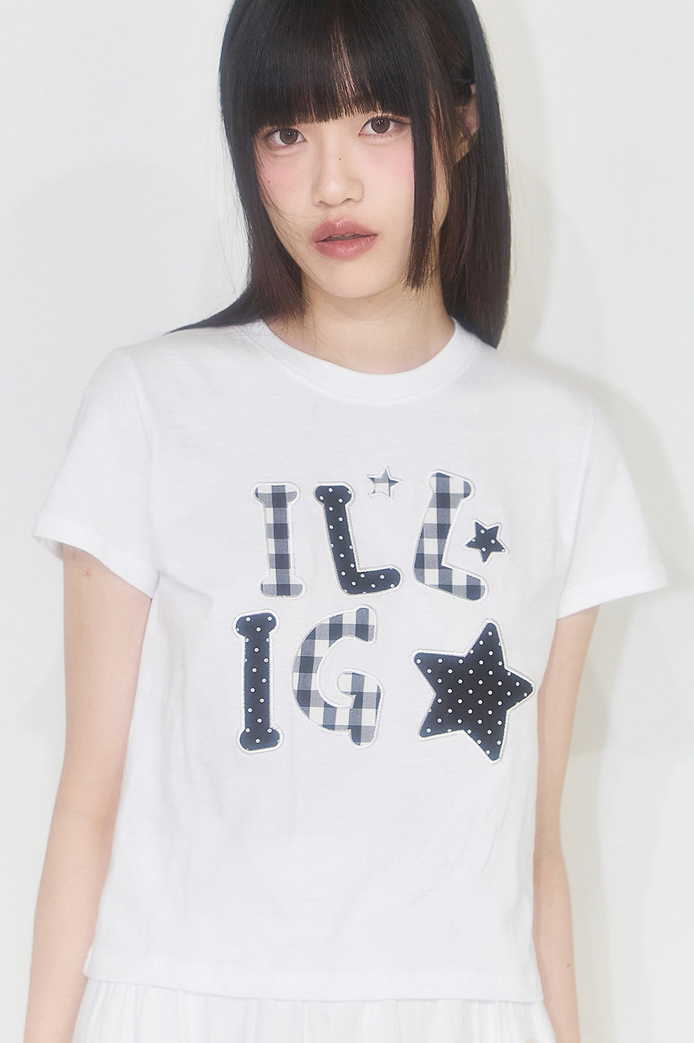 Checkered Applique Loose Cropped T-shirt White