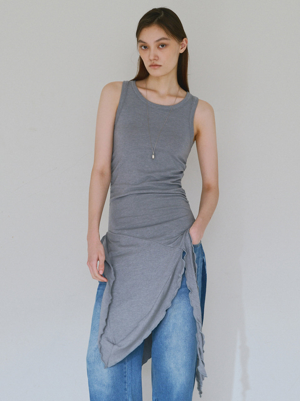 Ruffle Sleeveless Top Blue Gray