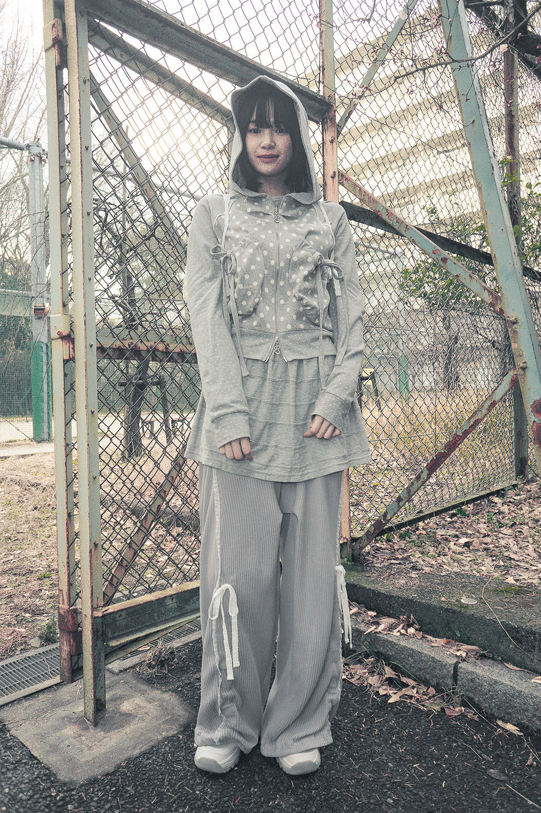 Dot big pocket hoodie zip-up (Gray)