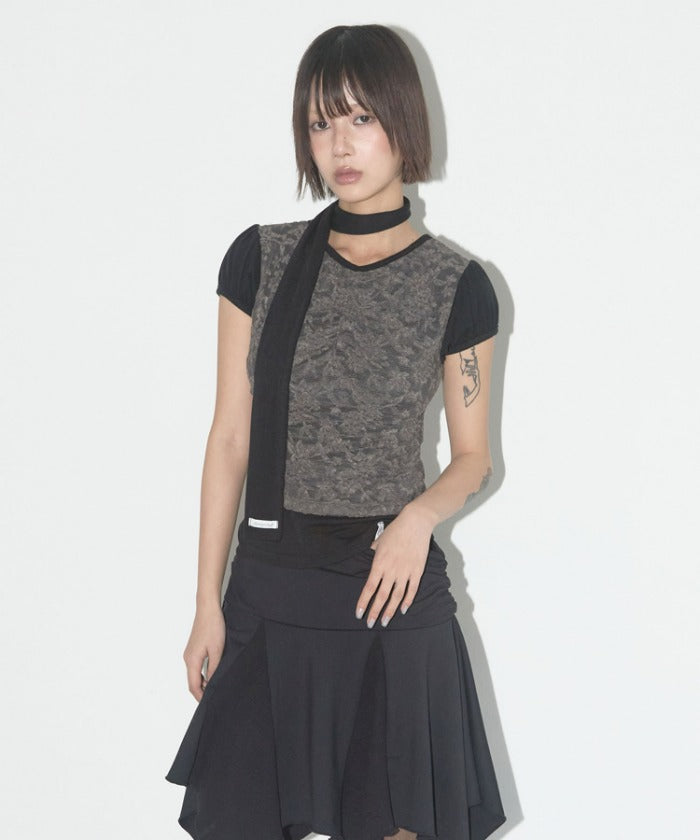 LACE SHIRRING TOP & SCARF (BLACK)