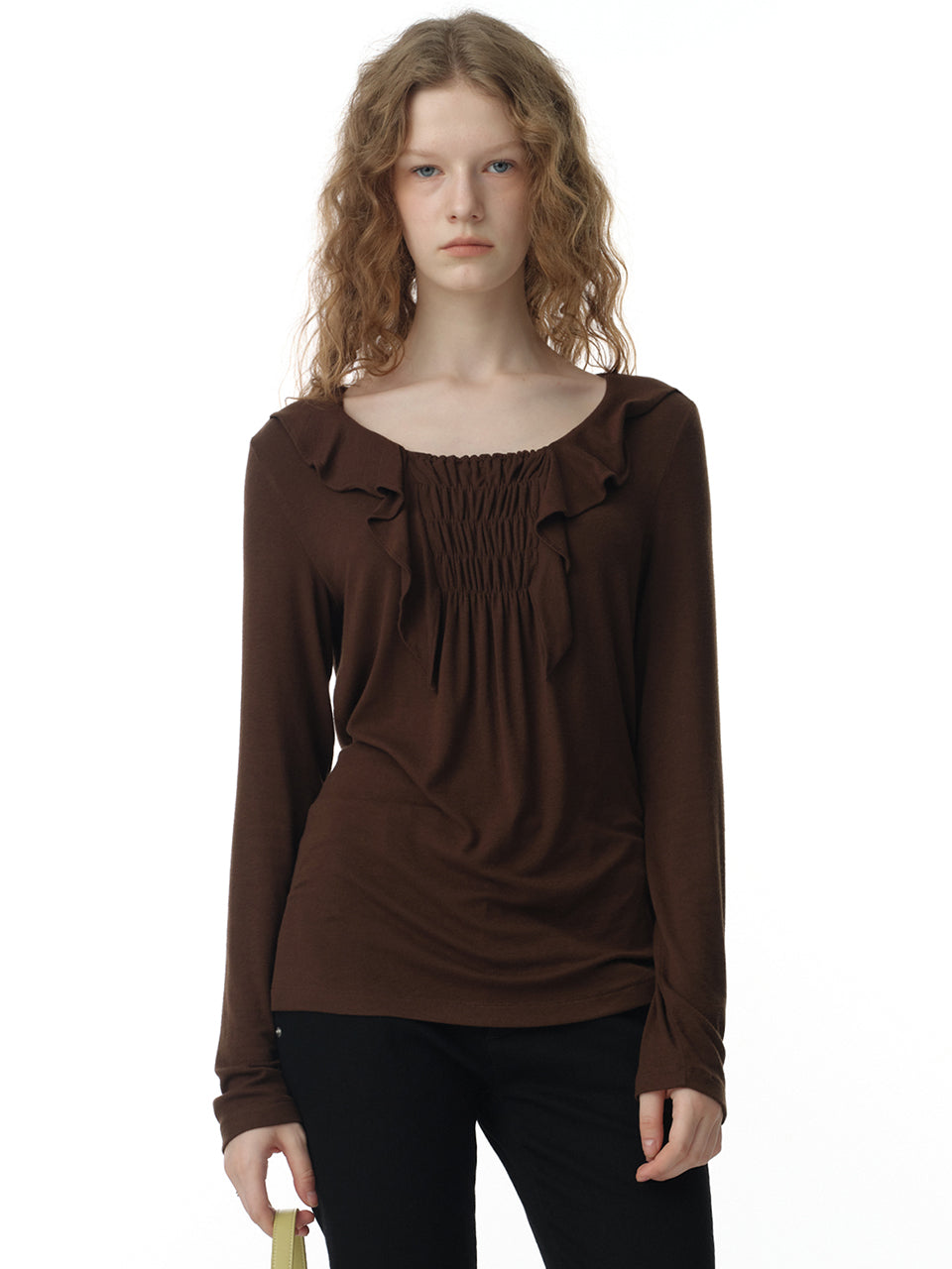 Ruffle Shirring T-Shirts Brown