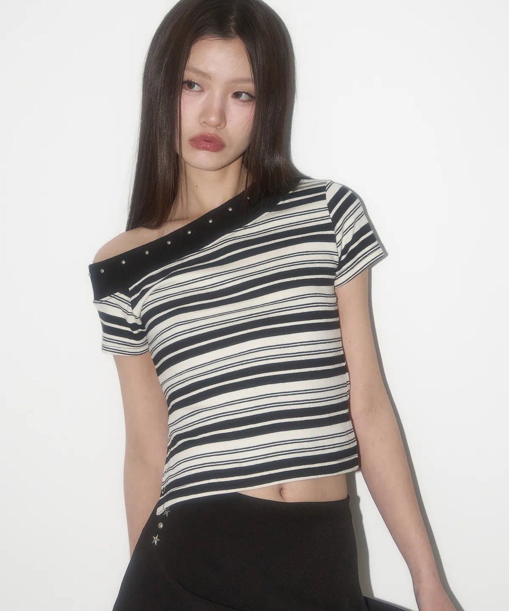 One shoulder studded striped Top / black