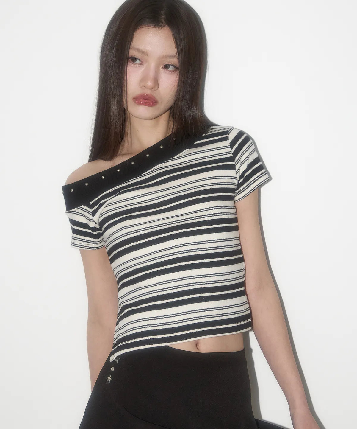One shoulder studded striped Top / black