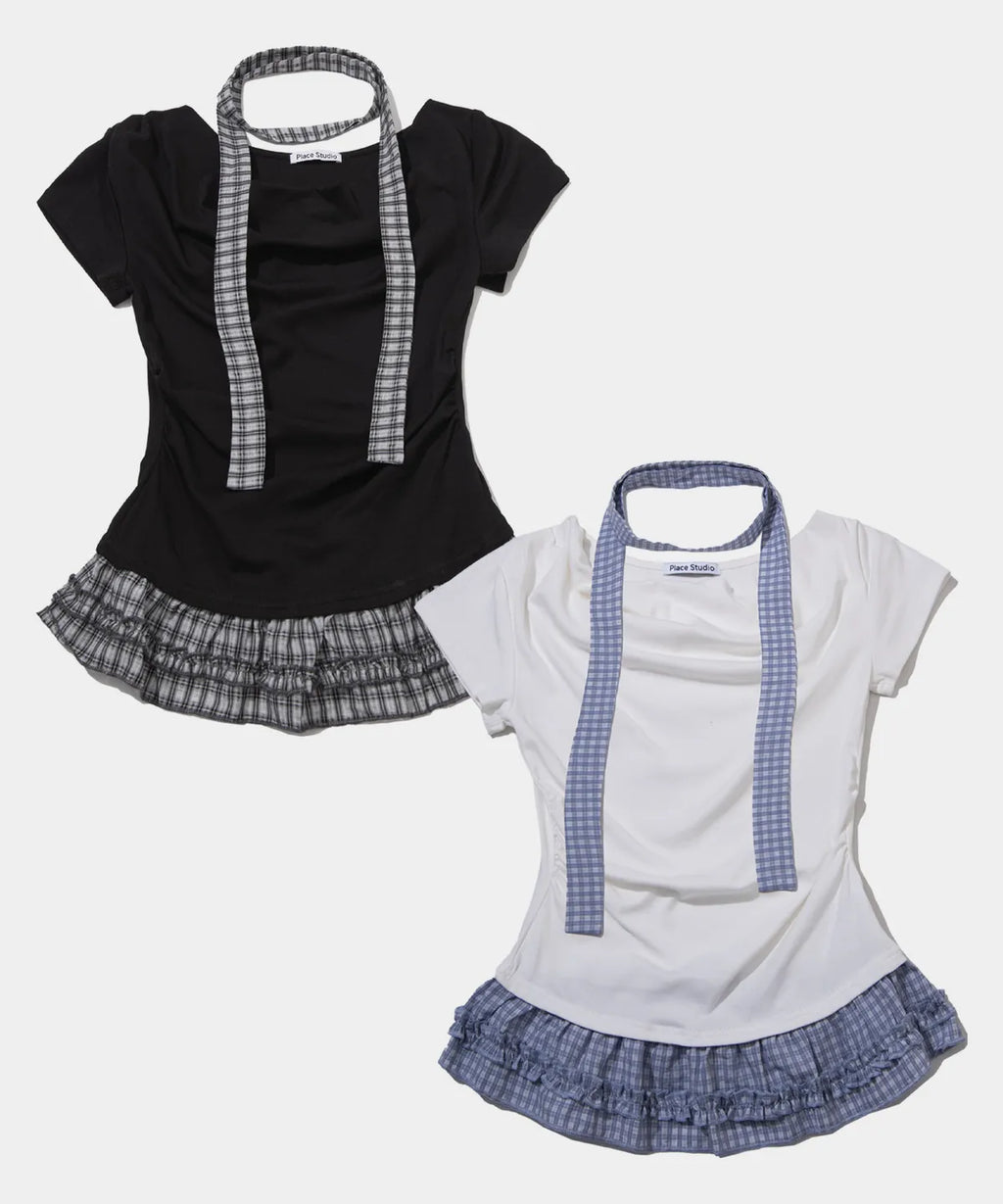 Check Tie & Pintuck Check Frill Off-Shoulder Sleeve