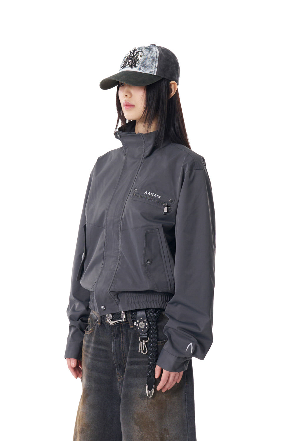 High-Neck Button Jacket (Dark Gray)