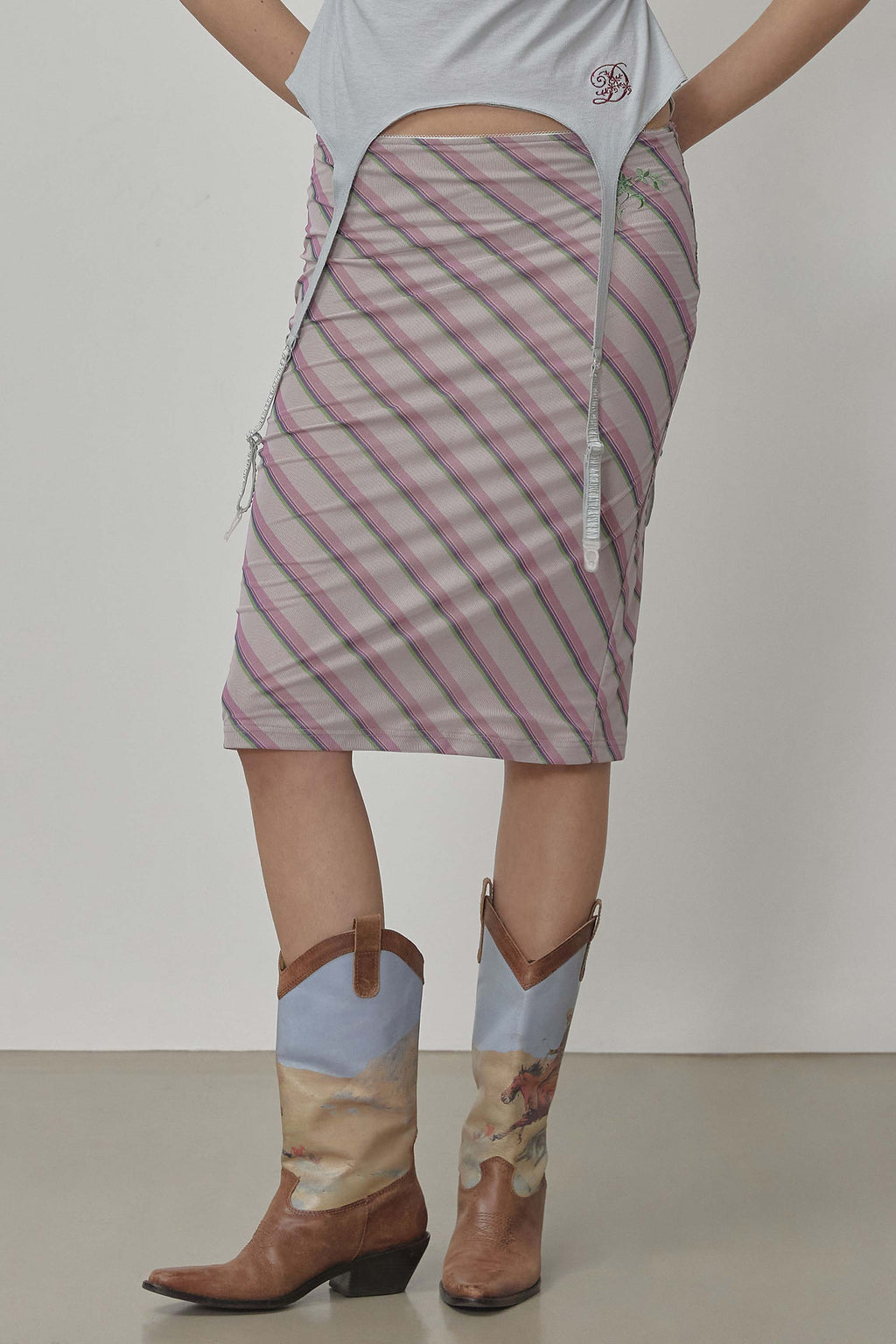Mesh Stripe Midi Skirt Baby Pink