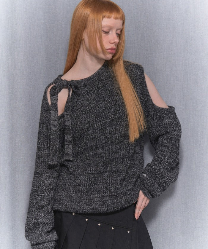 RIBBON ONE-SHOULDER KNIT (BLACK)