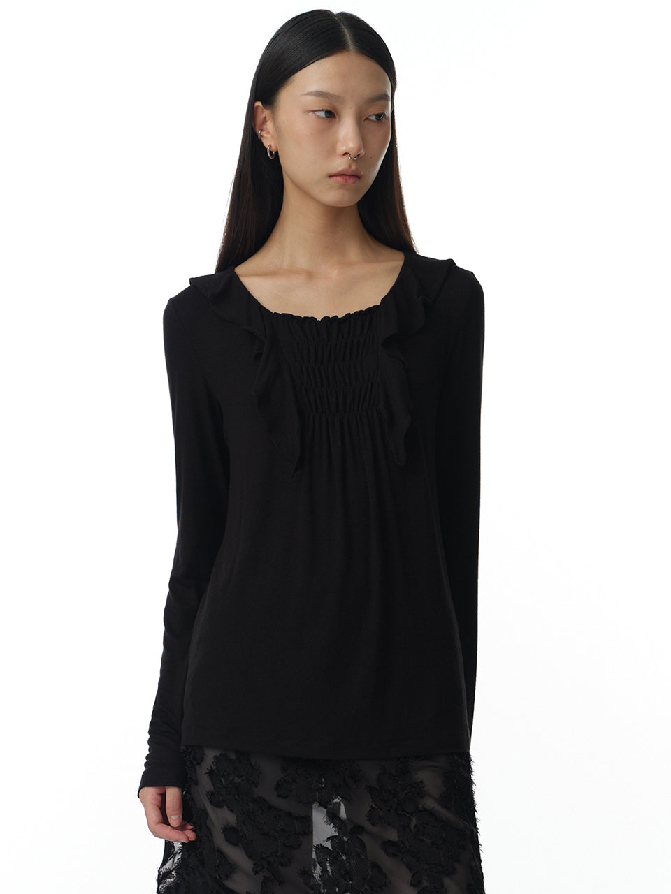 Ruffle Shirring T-Shirts Black
