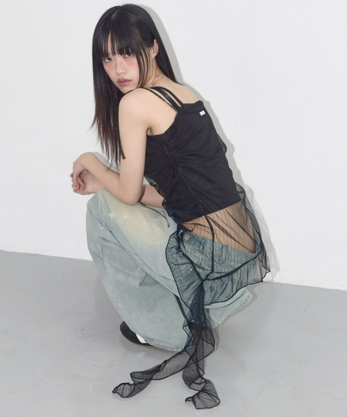 LACE SHIRRING LAYERED DRESS (BLACK)