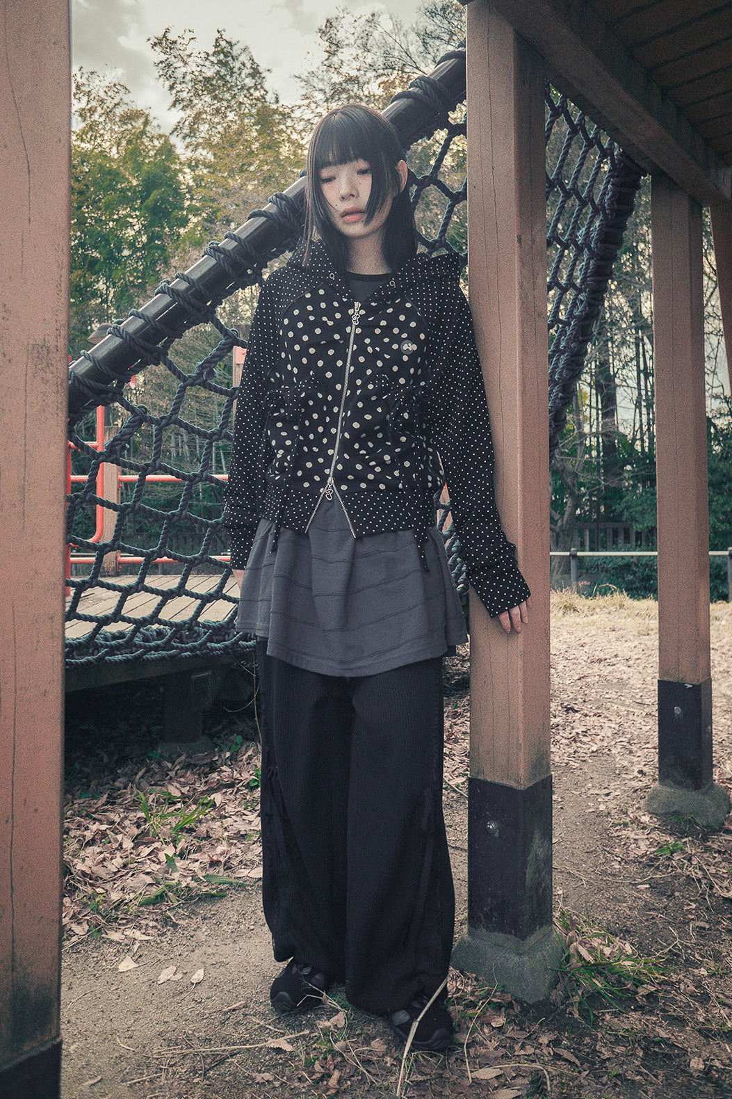 Dot big pocket hoodie zip-up (Black)