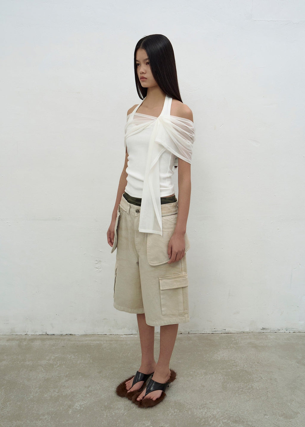 SCARF-DETAIL HALTER-NECK TOP (IVORY)