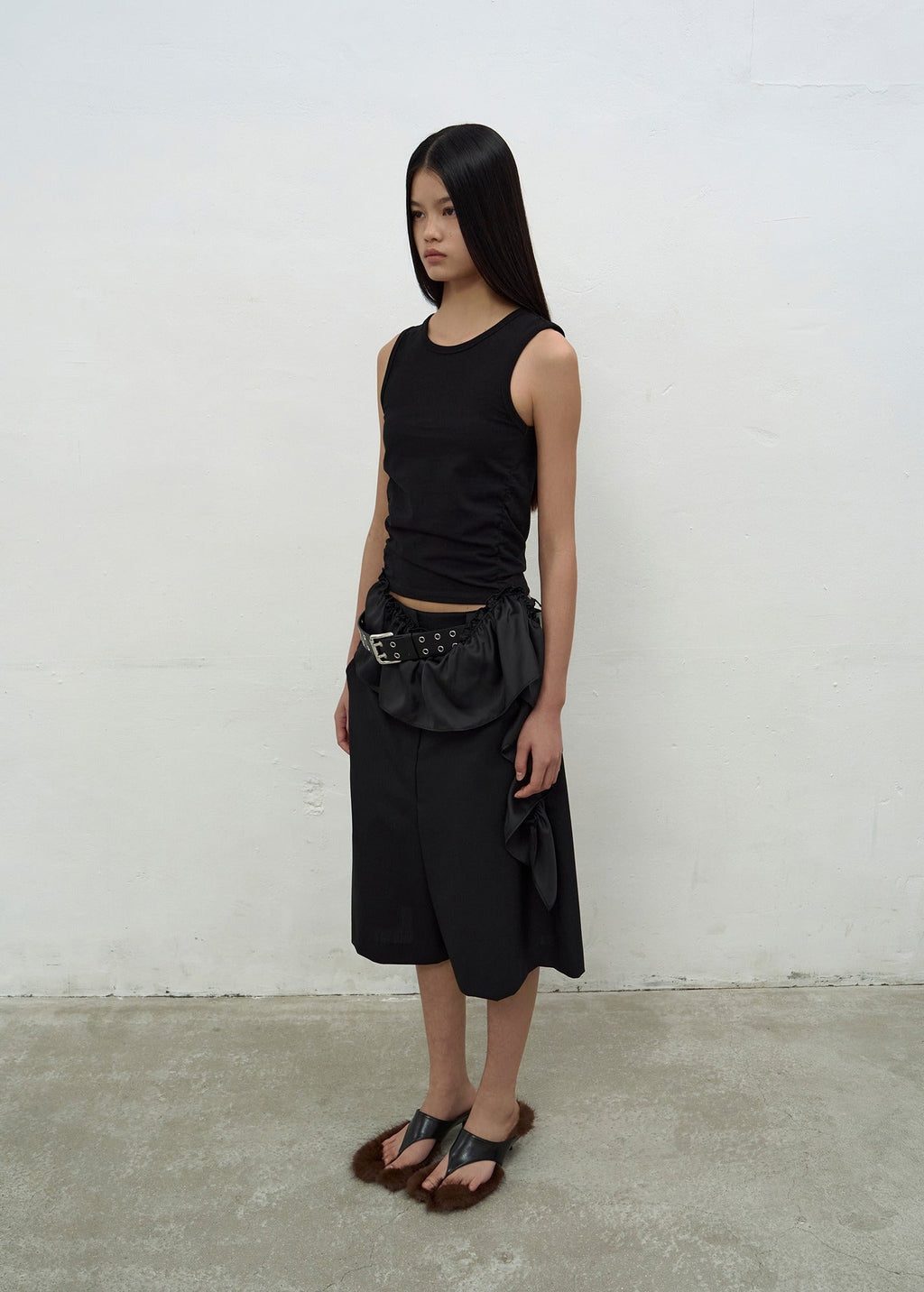 SATIN FRILL SLEEVELESS TOP (BLACK)