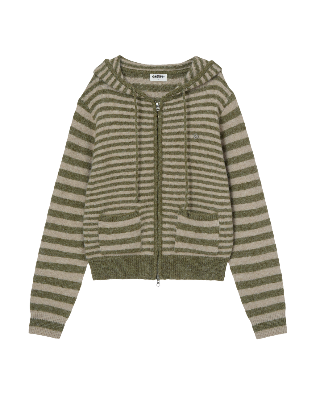STRIPE HOOD KNIT ZIP UP KHAKI