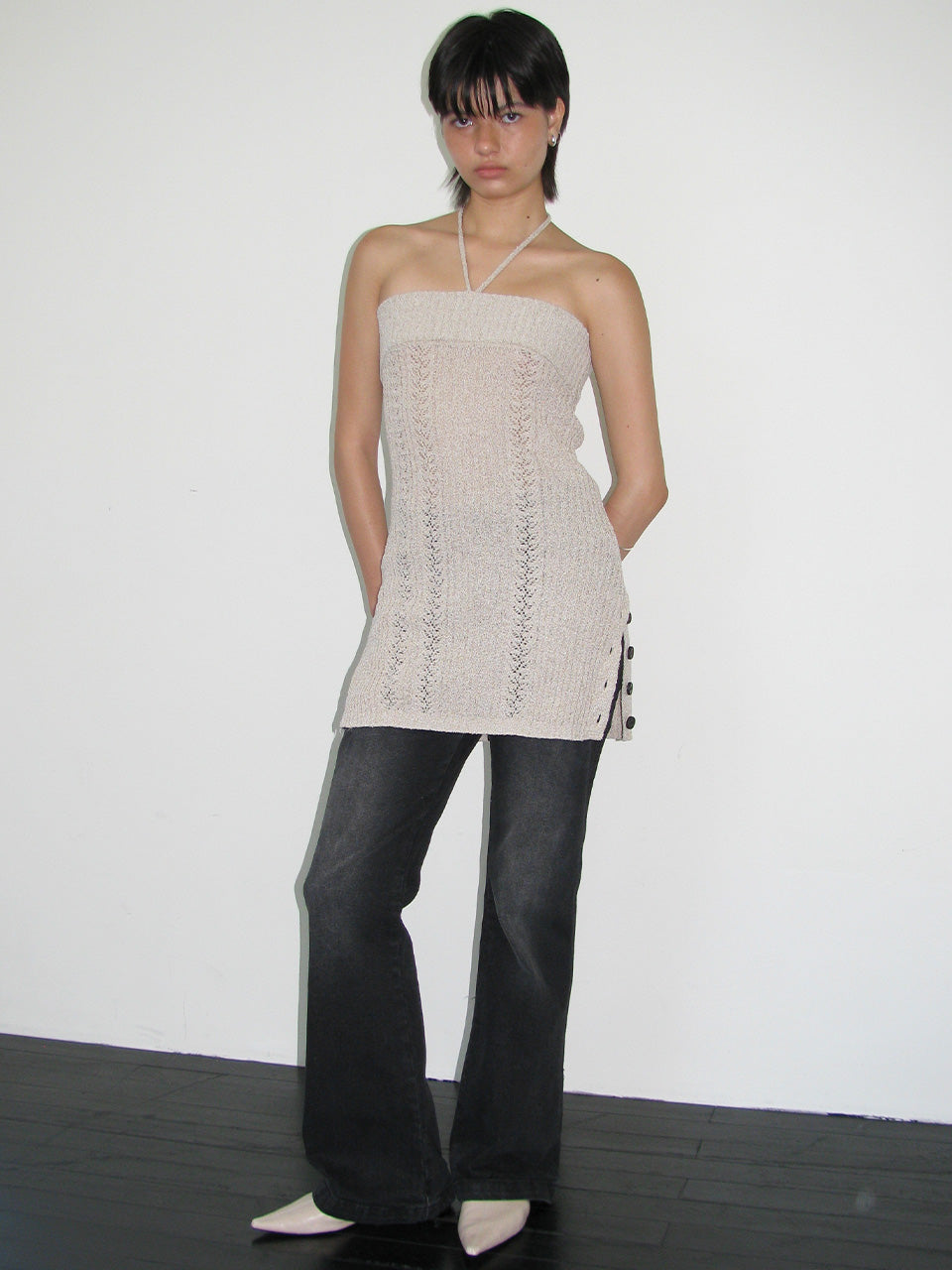 Button Long Knit Top Beige