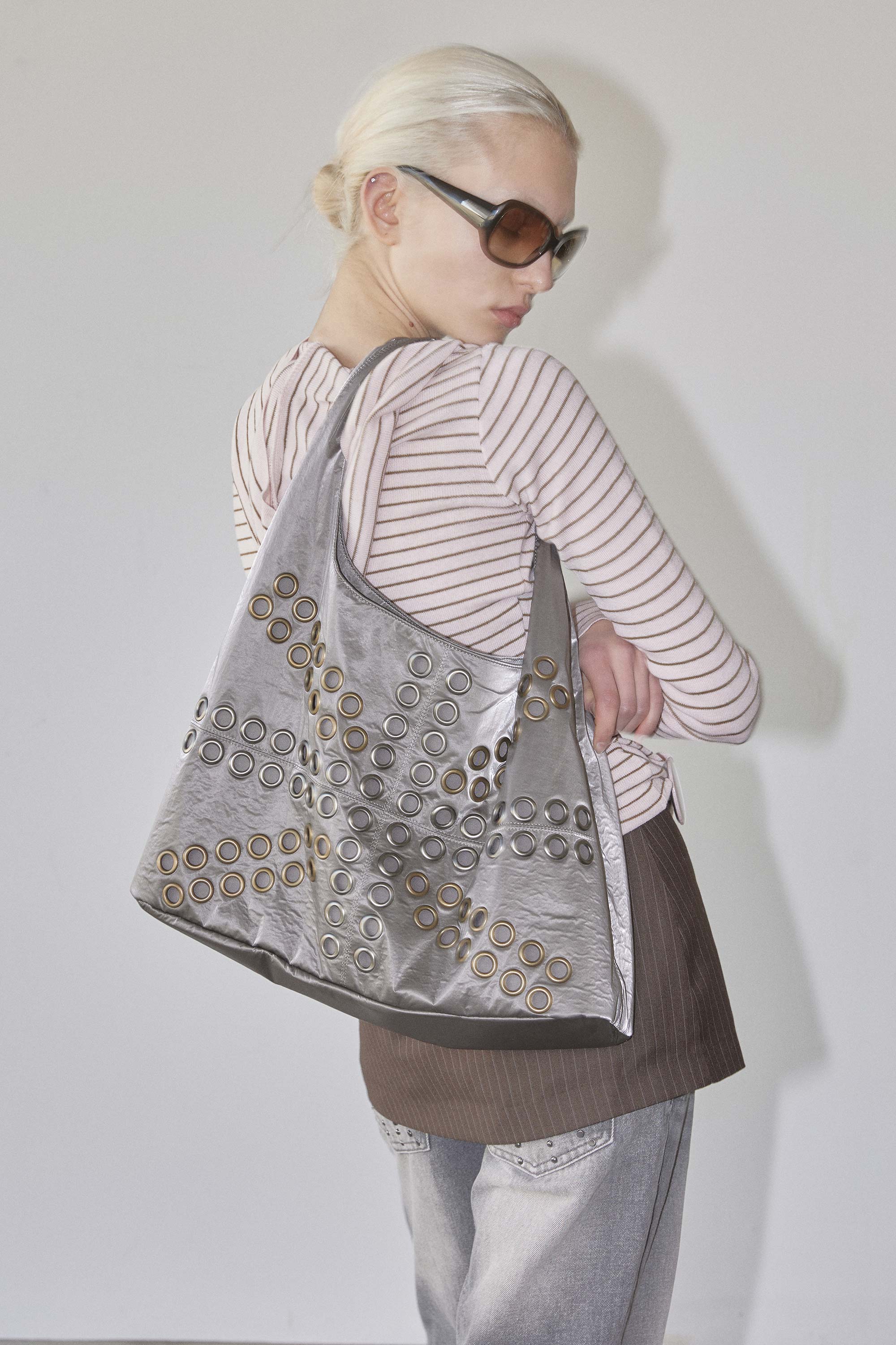 Stud Metallic Hobo Bag Gun Metal
